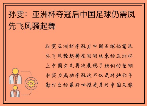 孙雯：亚洲杯夺冠后中国足球仍需凤先飞风骚起舞